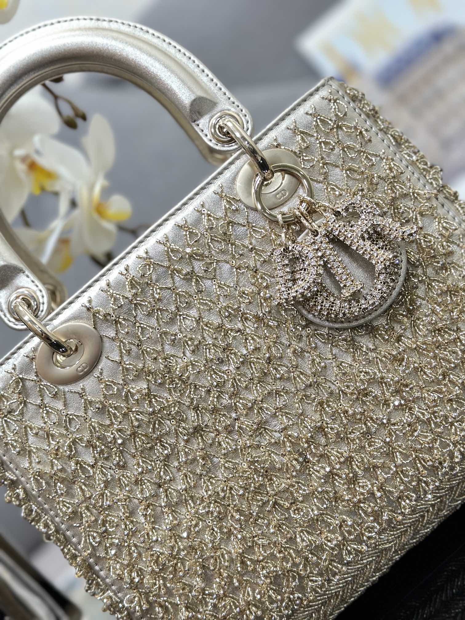 Small Lady Dior Bag Gold Calfskin Embroidered with String Beads